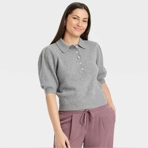 A new day Women's Short Sleeve Sweater Polo fuzzy Gray large